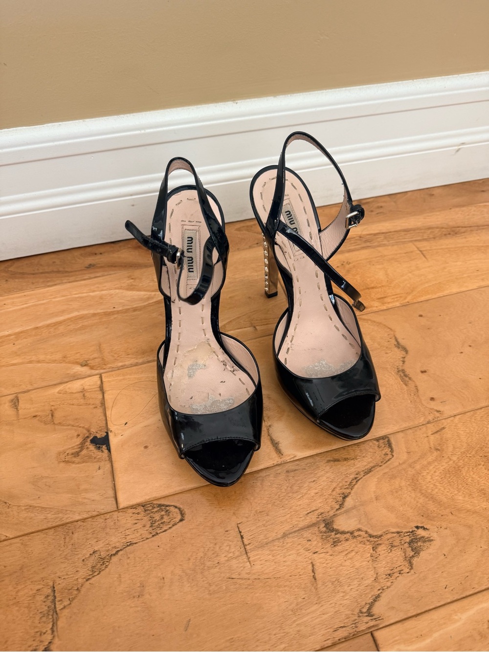 Miu Miu Black Patent Leather Ankle Strap Peep-Toe Heels
